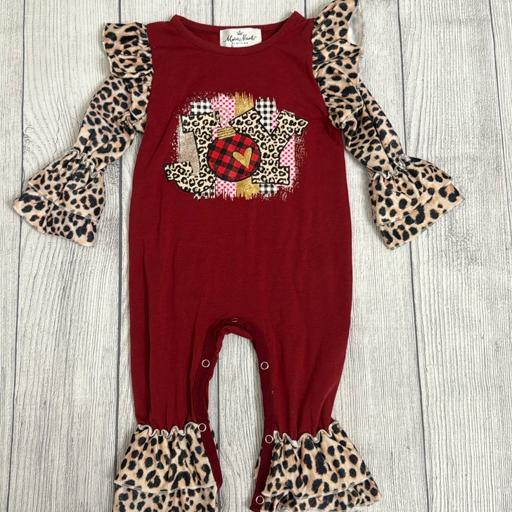 Marie Nicole Baby Girls Leopard/Mixed Print Holiday “JOY” Ruffled Jumpsu…